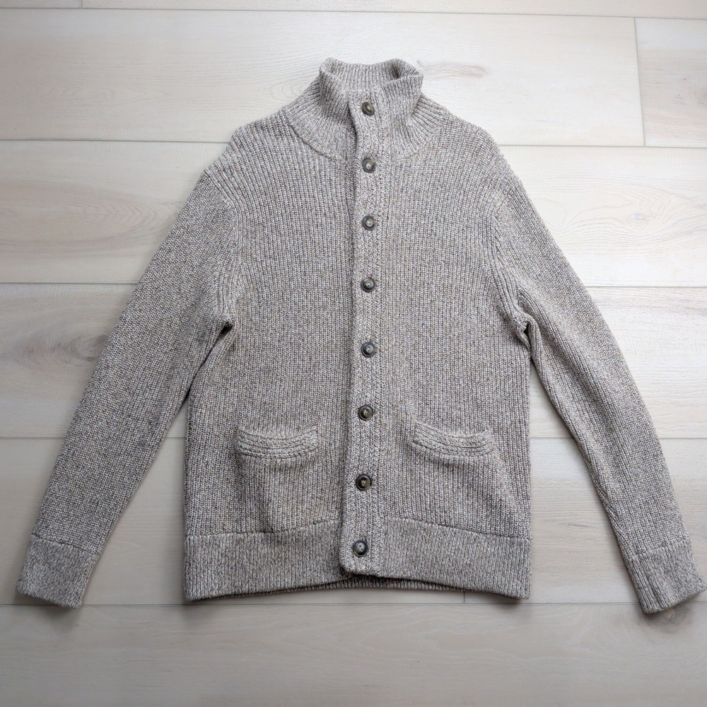 J.Crew Marled Cotton Ribbed Mock Neck Cardigan Sweater Mens Medium Oatmeal